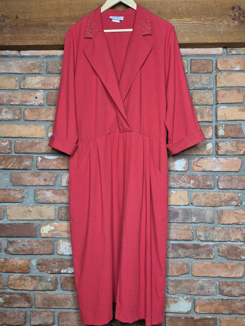 🇨🇦 Vintage 80s Liz Moody Midi Dress Studded Collar Wrap Front Plus Size